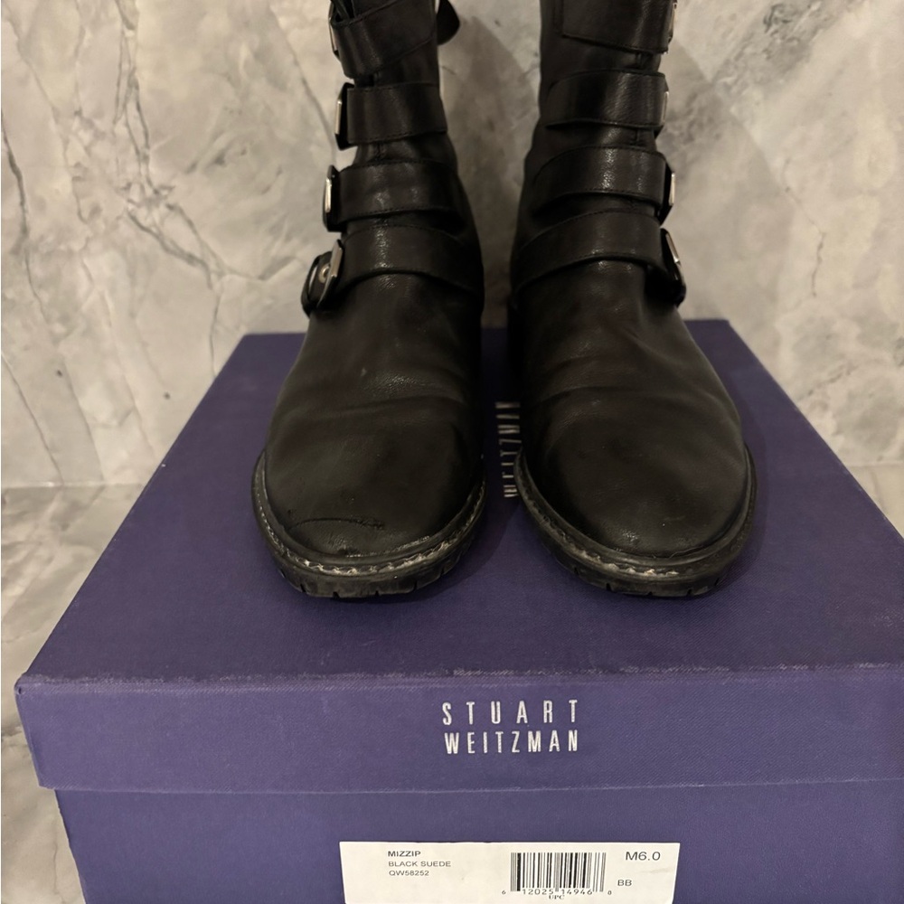 Stuart Weitzman Black Moto Buckle Boots
